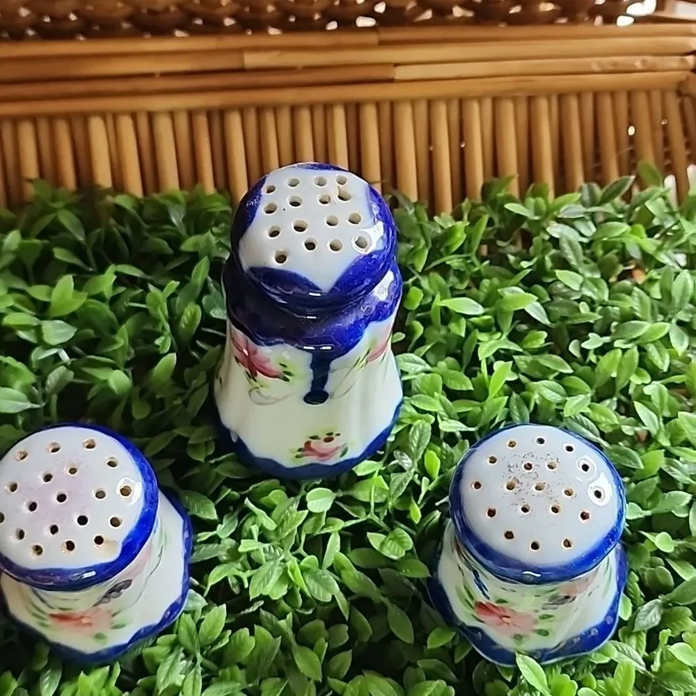 Vintage Cobalt Blue & Handpainted Floral Salt, Pepper & Cinnamon Shakers